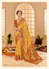 Orange Yellow Cotton Silk Ikkat Print Saree-3843